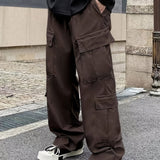 kkboxly Solid Multi Flap Pockets Men's Straight Leg Cargo Pants, Loose Casual Outdoor Pants, Men's Work Pants Baggy Pants Trendy Streetwear