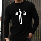 kkboxly Black And White Jesus Word Print, Men's Crew Neck Sweatshirt, Streetwear Pullover With Long Sleeves, Slightly Flex Top Clothing For Men For All Seasons