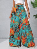 kkboxly  Boho Plants Print Pants, Casual High Waist Elastic Wide Leg Summer Beach Palazzo Pants, Women's Clothing