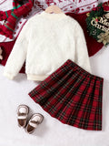 Girls' Festive Christmas Outfit: Cozy Reindeer Embroidered Plush Top & Red Plaid Skirt Set - Perfect for Fall/Winter