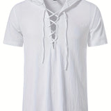 kkboxly  Trendy Men's Casual Lace Up Hooded Short Sleeve Cotton Shirt, Men's Shirt For Summer Vacation Resort