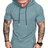 kkboxly  Plus Size Men's Basic Short Sleeve Hooded T-shirt, Summer Comfy Tops With Drawstring