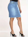 kkboxly  Blue Raw Hem Denim Skirt, Slim Fit Slash Pockets Mid-Stretch Denim Skirt, Women's Denim Clothing