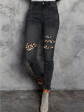 kkboxly  Leopard Print Ripped Skinny Jeans, Embossed Crotch Raw Hem Long Pants, Women's Denim Jeans & Clothing