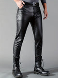 kkboxly  Men's Chic PU Pants, Casual Slim Fit Medium Stretch Faux Leather Biker Pants For Spring Fall