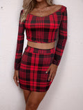 kkboxly  Elegant Plaid Matching Two-piece Set, Off Shoulder Crop Top & Bodycon Skirt Outfits, Women's Clothing