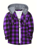 kkboxly  Plaid Shirt Coat For Men Long Sleeve Casual Regular Fit Button Up Hooded Shirts Jacket