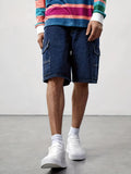 kkboxly  Flap Pockets Denim Shorts, Men's Casual Loose Fit Street Style Denim Shorts For Summer