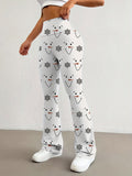 Women's High-Waist Flare Pants with Cute Snowman Print - Comfortable & Stylish, Perfect for All Seasons