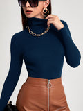 Turtleneck Rib Knit Sweater, Sexy Solid Slim Long Sleeve Sweawter, Women's Clothing