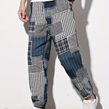 kkboxly  Patchwork Pattern, Men's Drawstring Sweatpants, Pocket Casual Comfy Jogger Pants, Mens Clothing For Spring Autumn