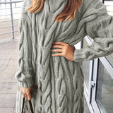 kkboxly  Solid Cable Knit Sweater Dress, Casual High Neck Long Sleeve Dress, Women's Clothing