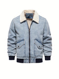 realaiot  Warm Fleece Denim Jacket, Men's Casual Flap Pocket Jacket Coat With Fur Collar For Fall Winter