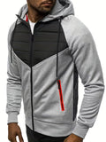 kkboxly  Casual Patchwork Cardigan Zip Hooded Sweatshirts, Men's Long Sleeve Jacket Coat For Summer