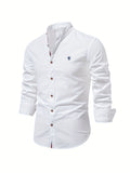 kkboxly  Solid Color Men's Cotton Long Sleeve Button Up Shirt With Stand Collar, Spring Fall