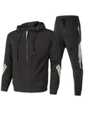 kkboxly  Stripe Design, Men's 2pcs, Long Sleeve Zip Up Hoodie And Drawstring Jogger Pants For Running, Athletics