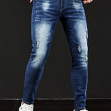 kkboxly  Slim Fit Ripped Jeans, Men's Casual Street Style Distressed Medium Stretch Denim Pants