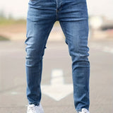 kkboxly  Light Wash Cotton Slim Fit Jeans, Men's Casual Street Style Mid Stretch Denim Pants For Spring Summer