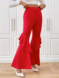 kkboxly  Solid Slim Flare Leg Pants, Elegant Ruffle Trim Pants For Spring & Fall, Women's Clothing