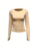 kkboxly  Versatile Solid Slim T-Shirt, Crew Neck Long Sleeve T-Shirt, Casual Every Day Tops, Women's Clothing