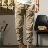 kkboxly  Trendy Solid Color Cargo Pants, Men's Casual Joggers Cotton Blend Trousers, Loose Casual Outdoor Pants, Men's Work Pants Outdoors