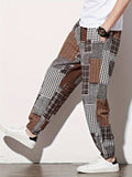 kkboxly  Patchwork Pattern, Men's Drawstring Sweatpants, Pocket Casual Comfy Jogger Pants, Mens Clothing For Spring Autumn