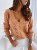 kkboxly  Women's Crochet Hollow Out Crewneck Long Sleeve Knit Sweaters