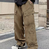 kkboxly  Solid Multi Flap Pockets Men's Straight Leg Cargo Pants, Loose Casual Outdoor Pants, Men's Work Pants Baggy Pants Trendy Streetwear