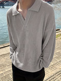 kkboxly Solid Color Men's Casual Comfy Long Sleeve Breathable V-neck Shirt, Spring Fall