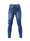 Men's Chic Skinny Biker Jeans, Casual Street Style Medium Stretch Denim Pants