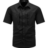 kkboxly  Trendy Solid Print Men's Casual Short Sleeve Cotton Shirt With Pockets, Men's Shirt For Summer, Tops For Men