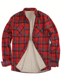 kkboxly  Men's Warm Fleece Plaid Shirt Coat, Casual Retro Lapel Button Up Chest Pocket Jacket For Fall Winter