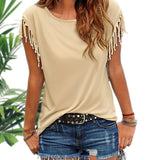 kkboxly  Fringe Hem Solid  T-Shirt, Crew Neck Short Sleeve T-Shirt, Casual Every Day Tops, Women's Clothing