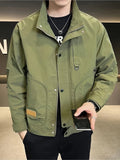 kkboxly  Men's Solid Jacket With Pockets, Casual Breathable Stand Collar Zip Up Long Sleeve Outwear For Spring Fall