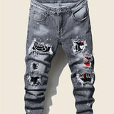 kkboxly  Slim Fit Patchwork Jeans, Men's Casual Street Style Distressed Stretch Denim Pants