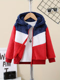 kkboxly Kid's Fuzzy Fleece Hooded Jacket, Color Clash Warm Zipper Coat, Boy's Clothes For Spring Fall Outdoor