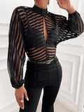 Women's Shirts Tops Striped Fake Buttons Mesh Blouses Tops