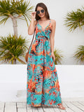 kkboxly  Leaf Print Spaghetti Dress, Boho V-neck Backless Ankle Cami Dress, Women's Clothing