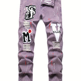 Patch Splatter Ripped Jeans, Men's Casual Street Style Distressed Slim Fit High Stretch Denim Pants For Spring Summer