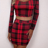 kkboxly  Elegant Plaid Matching Two-piece Set, Off Shoulder Crop Top & Bodycon Skirt Outfits, Women's Clothing