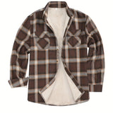 kkboxly  Men's Warm Fleece Plaid Shirt Coat, Casual Retro Lapel Button Up Chest Pocket Jacket For Fall Winter