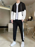 kkboxly  2pcs Men's Casual Zip-up Hooded Jacket And Color Block Jogger Pants With Zip Pockets