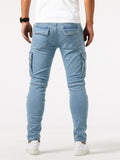 kkboxly  Slim Fit Multi Pocket Jeans, Men's Casual Street Style Medium Stretch Denim Cargo Pants