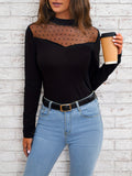 kkboxly  Dot Pattern Mesh Stitching Mock Neck T-Shirt, Casual Long Sleeve Top For Spring & Fall, Women's Clothing