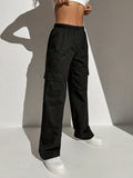 kkboxly  Solid Flap Pocket Loose Cargo Pants, Casual Elastic Waist Versatile Pants, Women's Clothing