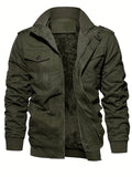 kkboxly  Warm Plush Fleece Cotton Jacket, Men's Casual Zipper Pockets Stand Collar Jacket Coat For Fall Winter