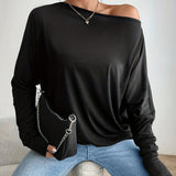 kkboxly  Solid One Shoulder T-shirt, Casual Long Sleeve T-shirt, Women's Clothing