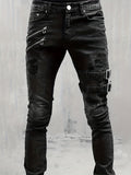 kkboxly  Slim Fit Ripped Biker Jeans, Men's Casual Street Style Medium Stretch Denim Pants