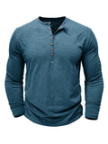 kkboxly  Solid Color Men's All-match Cotton Comfy Long Sleeve Round Neck Henley Shirt, Spring Fall