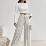 kkboxly  Solid Elastic Waist Loose Pants, Casual Wide Leg Pants For Spring & Fall, Women's Clothing